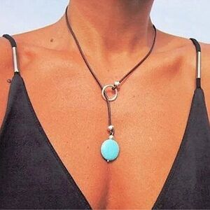 Boho Turquoise Y Lariat Necklace, Leather Bohemian, Tribal, Hippy